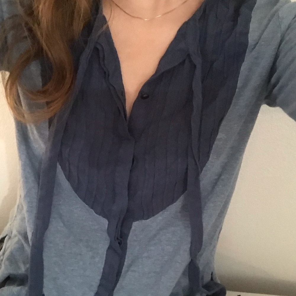 Blue Button Down blouse stretchy two-toned top